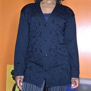 Liz Claiborne Black Embellished V-Neck Button Cardigan Sweater Sz:Small